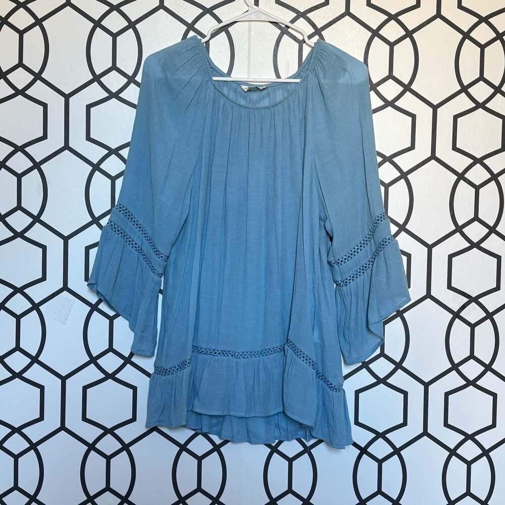 Counterparts Women's Blue Ruffle Hem Bell Sleeve Tunic Top Size L